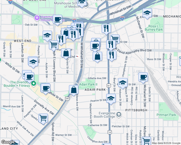 map of restaurants, bars, coffee shops, grocery stores, and more near 798 Lowndes Street Southwest in Atlanta