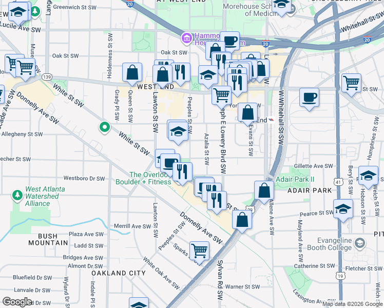 map of restaurants, bars, coffee shops, grocery stores, and more near 973 Beecher Street Southwest in Atlanta