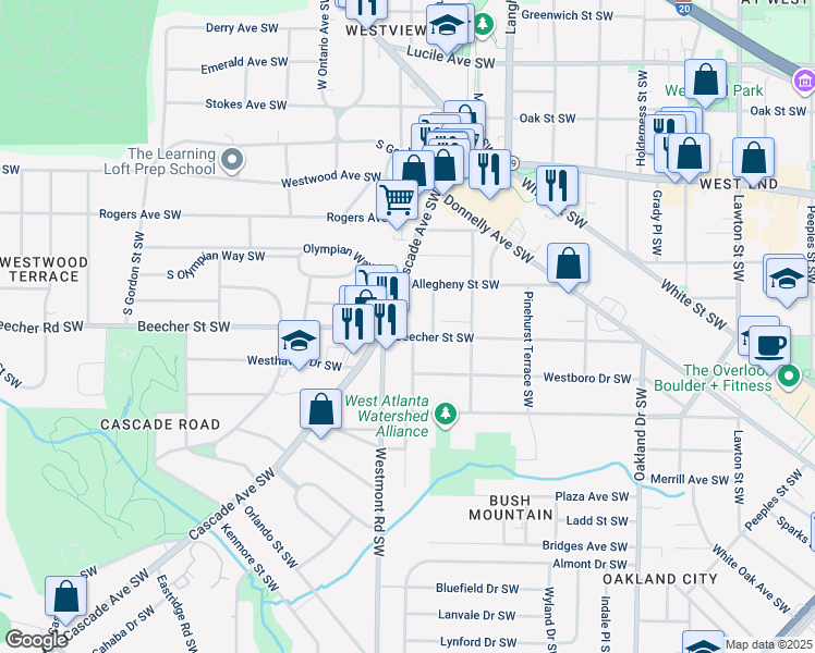 map of restaurants, bars, coffee shops, grocery stores, and more near 1493 Beecher Street Southwest in Atlanta