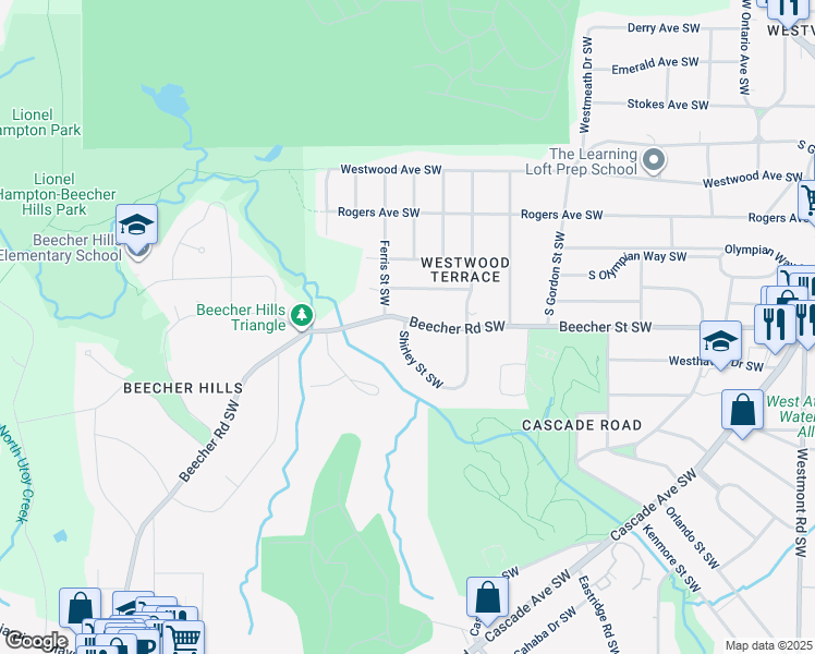map of restaurants, bars, coffee shops, grocery stores, and more near 1980 Beecher Road Southwest in Atlanta