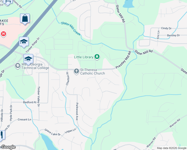 map of restaurants, bars, coffee shops, grocery stores, and more near 9123 Saddlebrook Way in Douglasville