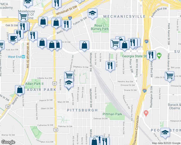 map of restaurants, bars, coffee shops, grocery stores, and more near 648 Wright Court Southwest in Atlanta