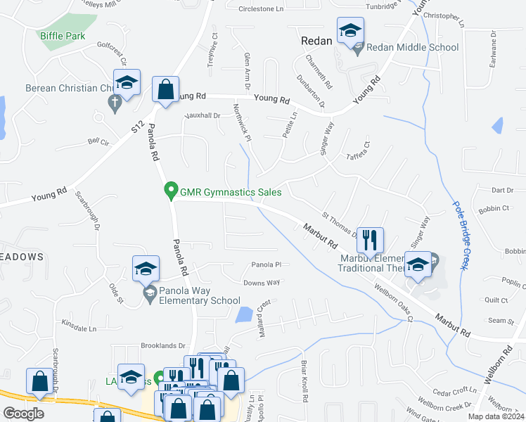 map of restaurants, bars, coffee shops, grocery stores, and more near 5555 Marbut Road in Lithonia