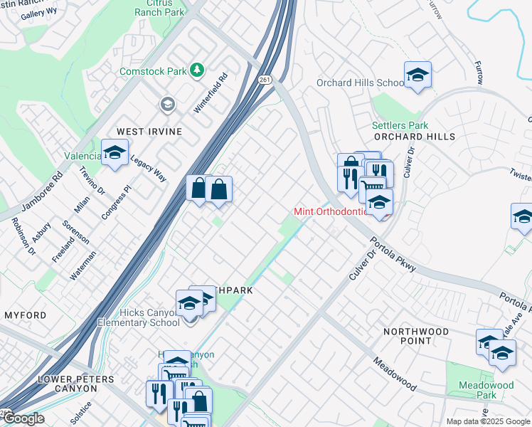 map of restaurants, bars, coffee shops, grocery stores, and more near 123 Vacaville in Irvine