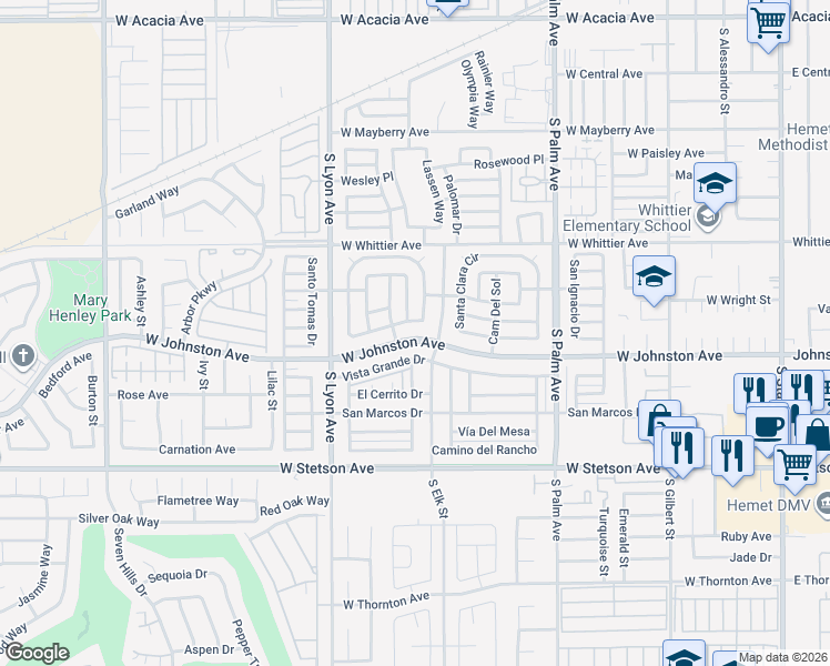map of restaurants, bars, coffee shops, grocery stores, and more near 1330 West Johnston Avenue in Hemet