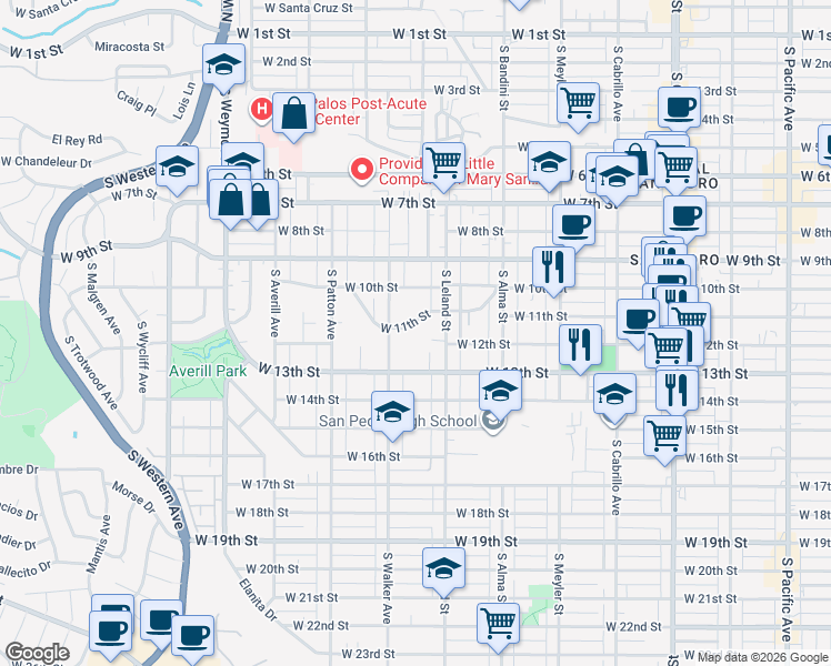 map of restaurants, bars, coffee shops, grocery stores, and more near 1155 West 11th Street in Los Angeles