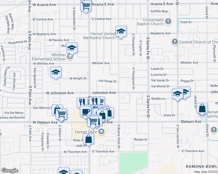 map of restaurants, bars, coffee shops, grocery stores, and more near 857 Douglas Court in Hemet