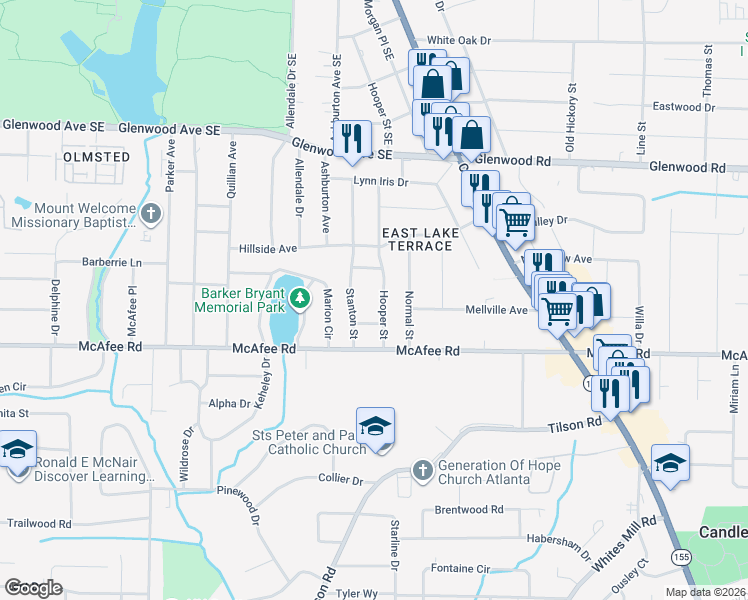map of restaurants, bars, coffee shops, grocery stores, and more near 1968 Hooper Street in Decatur