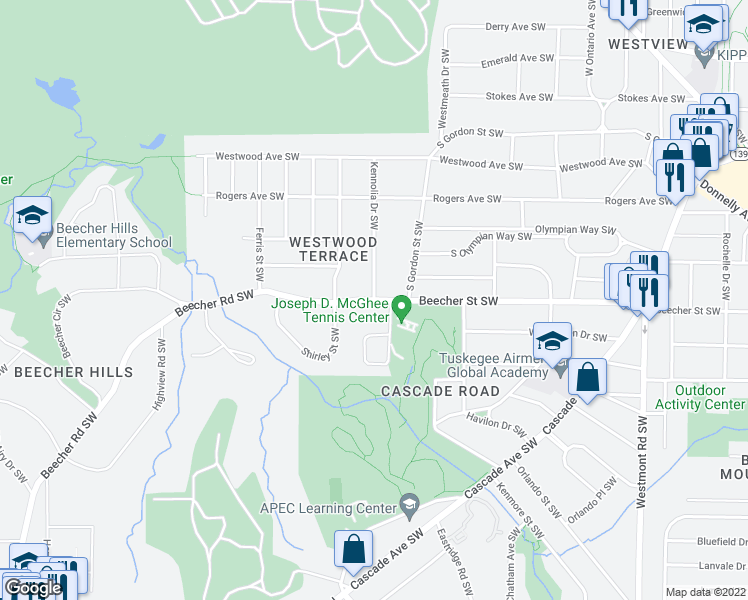 map of restaurants, bars, coffee shops, grocery stores, and more near Beecher St SW & Kennolia Dr SW in Atlanta