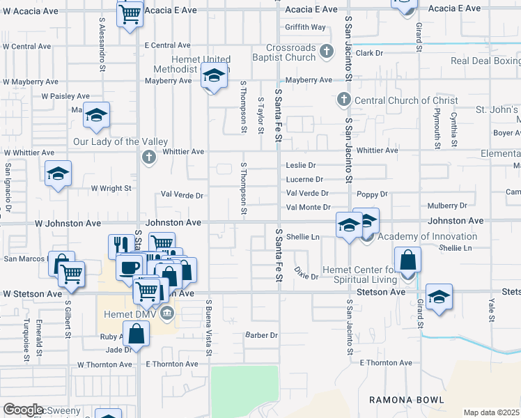 map of restaurants, bars, coffee shops, grocery stores, and more near 785 Val Monte Drive in Hemet