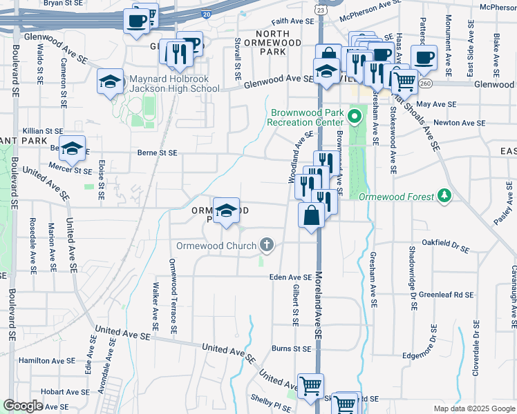 map of restaurants, bars, coffee shops, grocery stores, and more near 1055 Ormewood Avenue Southeast in Atlanta