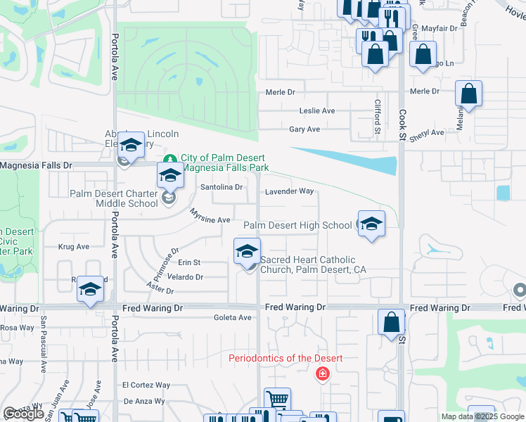 map of restaurants, bars, coffee shops, grocery stores, and more near 74505 Coral Bell Circle in Palm Desert