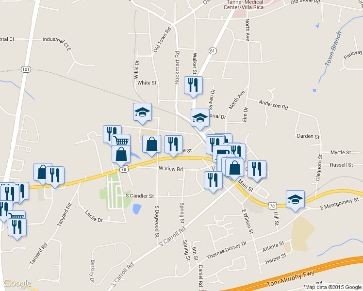 map of restaurants, bars, coffee shops, grocery stores, and more near 213 Maple Street in Villa Rica