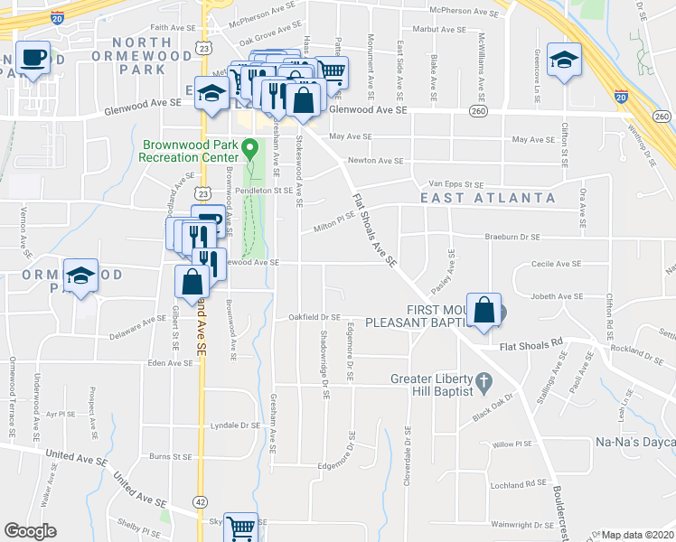 map of restaurants, bars, coffee shops, grocery stores, and more near 1367 Ormewood Avenue Southeast in Atlanta
