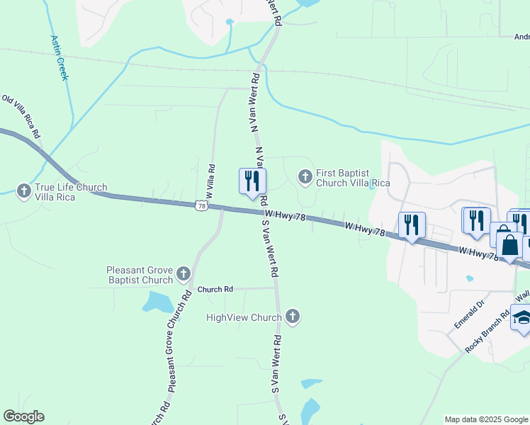 map of restaurants, bars, coffee shops, grocery stores, and more near 0 North Van Wert Road in Villa Rica