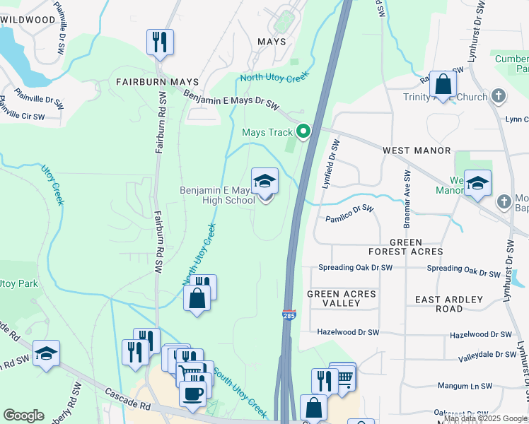 map of restaurants, bars, coffee shops, grocery stores, and more near 3450 Benjamin E Mays Drive Southwest in Atlanta