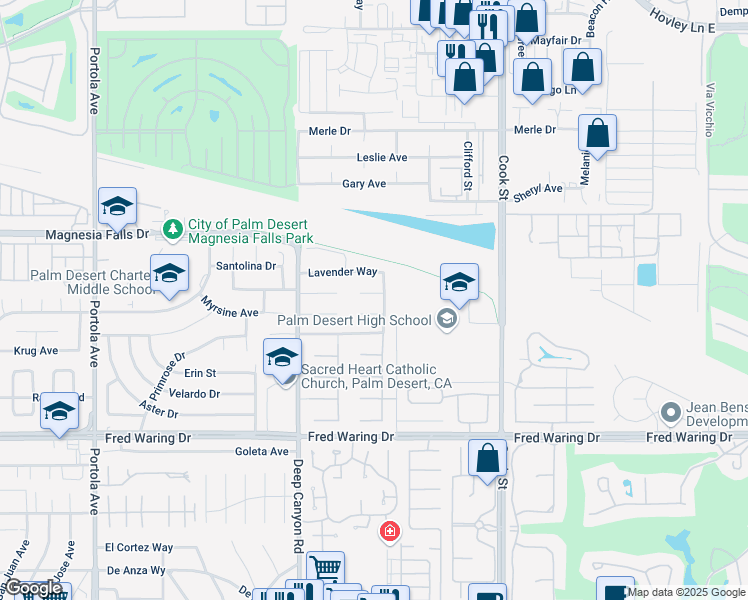 map of restaurants, bars, coffee shops, grocery stores, and more near 74580 Waterlily Circle in Palm Desert