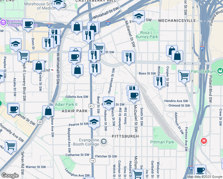 map of restaurants, bars, coffee shops, grocery stores, and more near 776 Humphries Street Southwest in Atlanta
