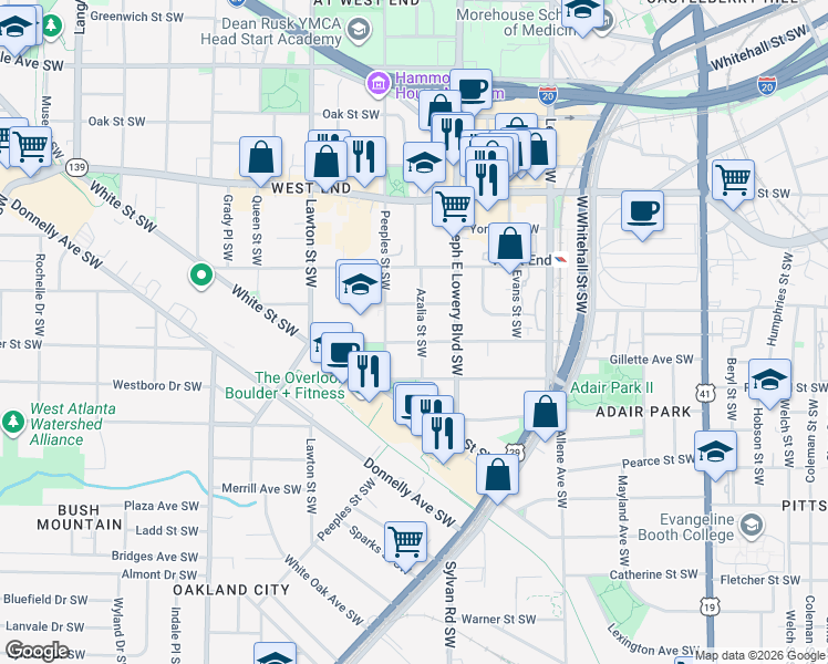 map of restaurants, bars, coffee shops, grocery stores, and more near 963 Beecher St SW in Atlanta
