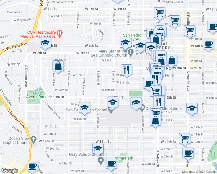 map of restaurants, bars, coffee shops, grocery stores, and more near 1030 West 12th Street in Los Angeles