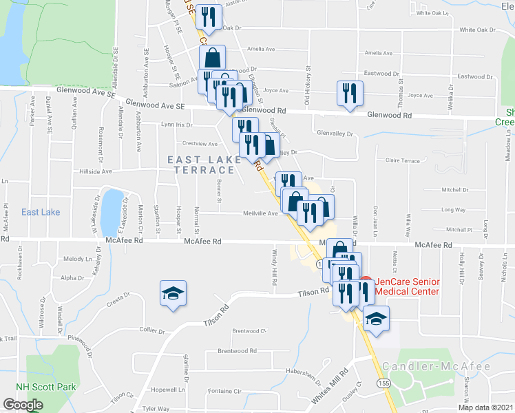 map of restaurants, bars, coffee shops, grocery stores, and more near 2526 Mellville Avenue in Decatur