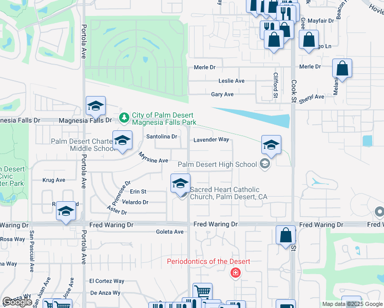 map of restaurants, bars, coffee shops, grocery stores, and more near 74505 Coral Bell Circle in Palm Desert