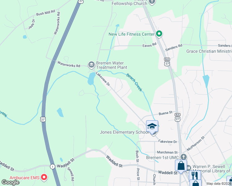 map of restaurants, bars, coffee shops, grocery stores, and more near 324 Lakeview Drive in Bremen