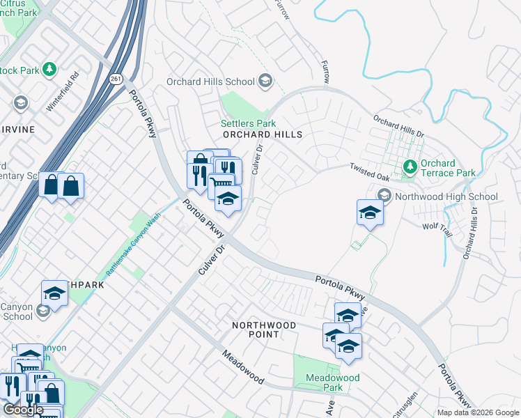 map of restaurants, bars, coffee shops, grocery stores, and more near 51 Winter Range in Irvine