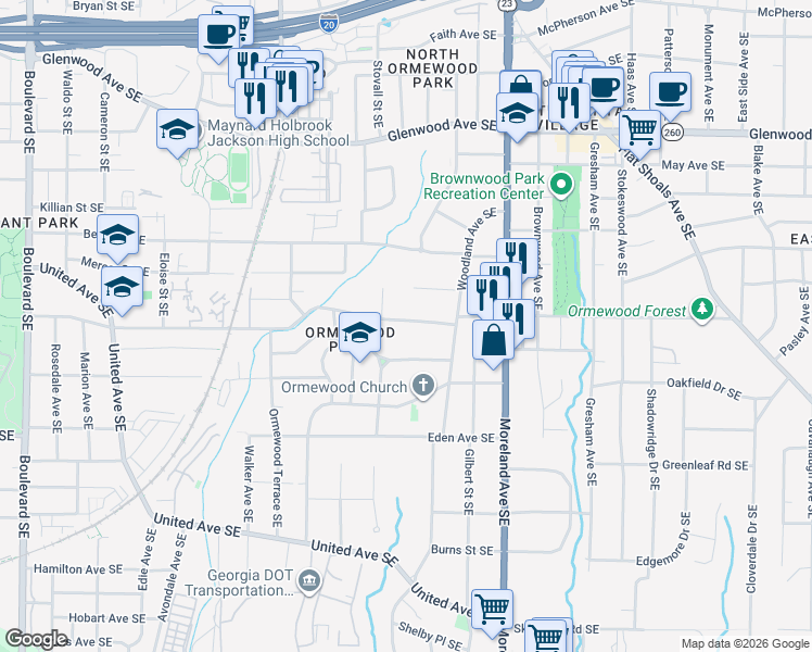 map of restaurants, bars, coffee shops, grocery stores, and more near 1023 Ormewood Avenue Southeast in Atlanta