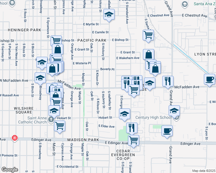 map of restaurants, bars, coffee shops, grocery stores, and more near 715 East McFadden Avenue in Santa Ana