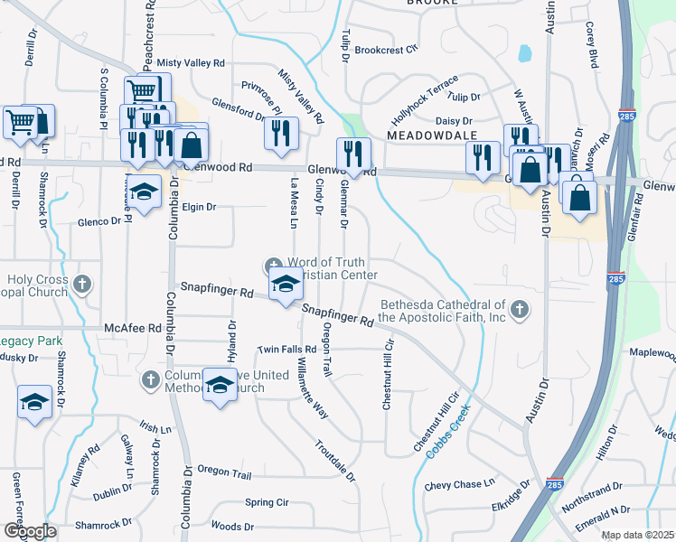 map of restaurants, bars, coffee shops, grocery stores, and more near 1943 Glenmar Drive in Decatur