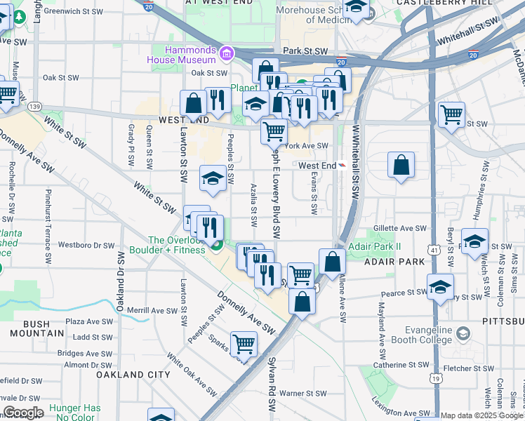 map of restaurants, bars, coffee shops, grocery stores, and more near 939 Beecher Street Southwest in Atlanta