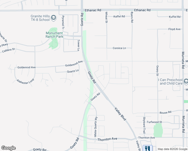 map of restaurants, bars, coffee shops, grocery stores, and more near 25171 Forest Hills Drive in Menifee
