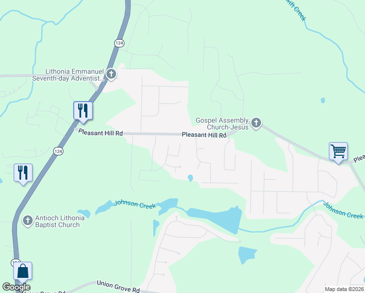 map of restaurants, bars, coffee shops, grocery stores, and more near 7485 Ferrara Drive in Lithonia