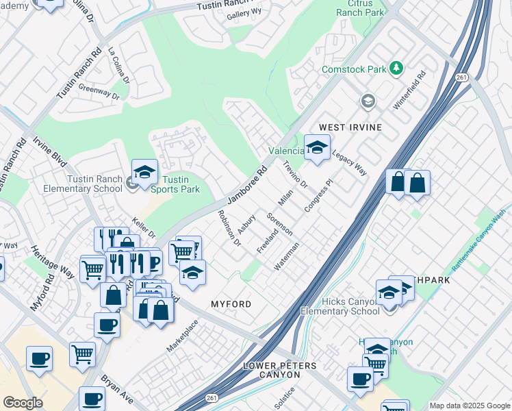 map of restaurants, bars, coffee shops, grocery stores, and more near 4 Asbury in Irvine