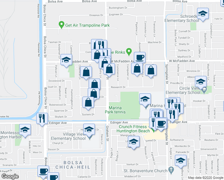 map of restaurants, bars, coffee shops, grocery stores, and more near 5542 Research Drive in Huntington Beach