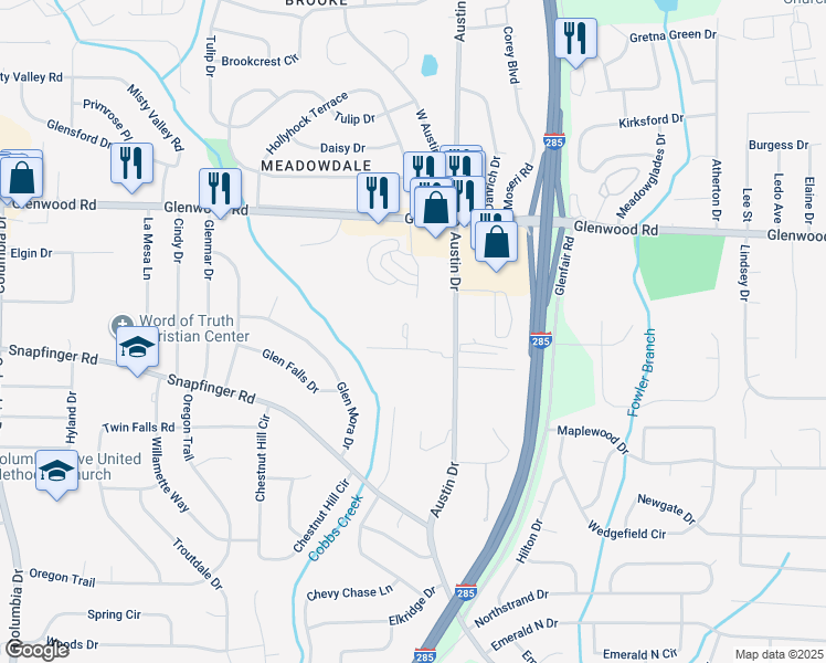 map of restaurants, bars, coffee shops, grocery stores, and more near 2032 Austin Park Circle in Decatur