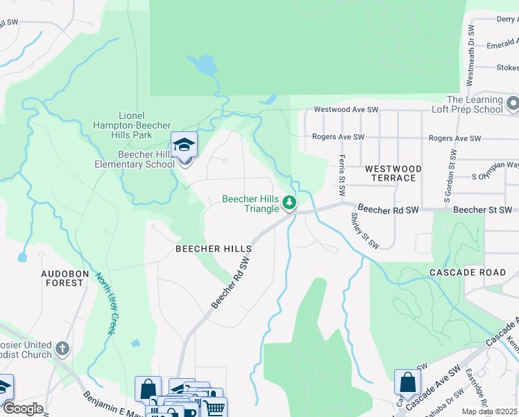 map of restaurants, bars, coffee shops, grocery stores, and more near 2158 Beecher Circle Southwest in Atlanta