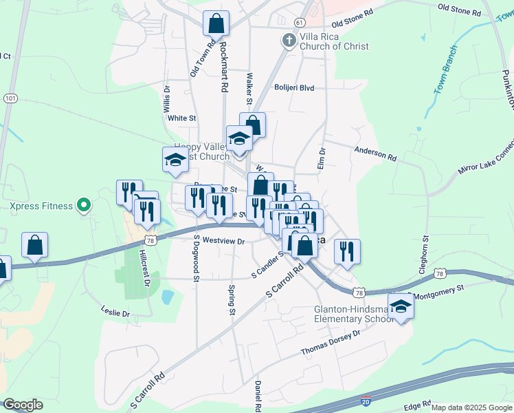 map of restaurants, bars, coffee shops, grocery stores, and more near 100 Maple Street in Villa Rica