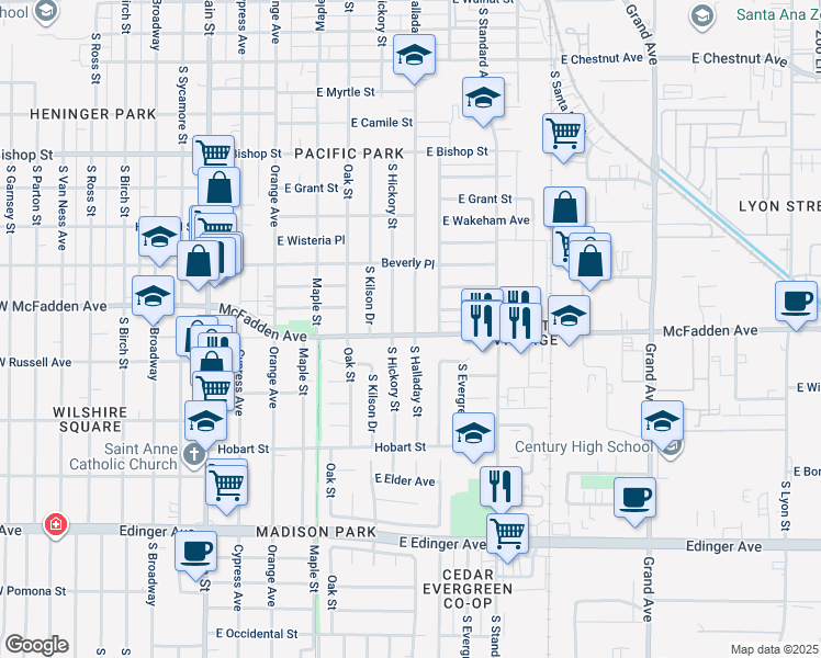 map of restaurants, bars, coffee shops, grocery stores, and more near 715 East McFadden Avenue in Santa Ana