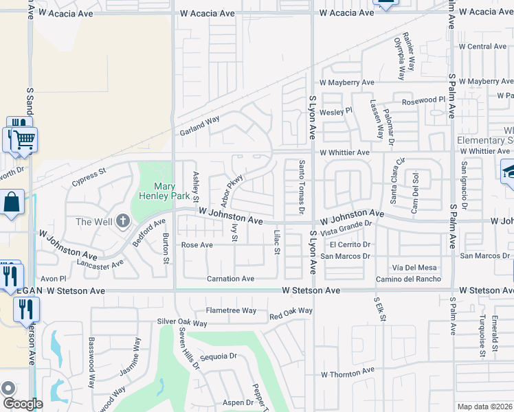 map of restaurants, bars, coffee shops, grocery stores, and more near 2205 Juneberry Avenue in Hemet