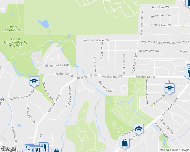 map of restaurants, bars, coffee shops, grocery stores, and more near 2008 Beecher Road Southwest in Atlanta