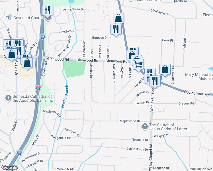 map of restaurants, bars, coffee shops, grocery stores, and more near 1938 Janet Lane in Decatur