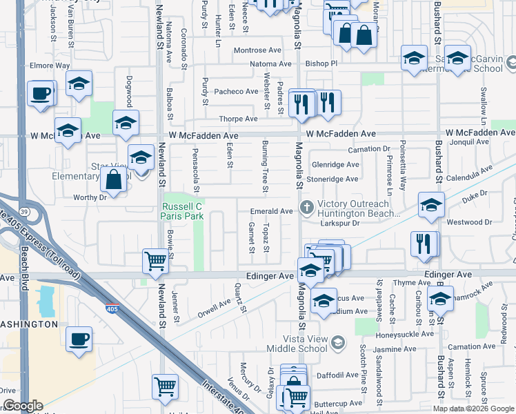 map of restaurants, bars, coffee shops, grocery stores, and more near 15802 Garnet Street in Westminster