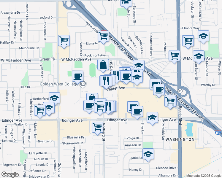 map of restaurants, bars, coffee shops, grocery stores, and more near 7400 Center Avenue in Huntington Beach