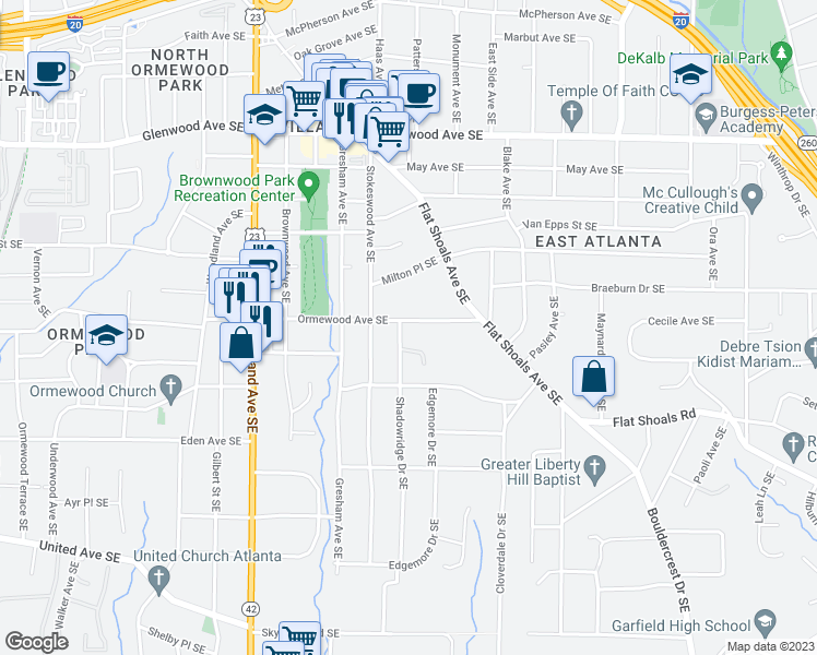 map of restaurants, bars, coffee shops, grocery stores, and more near 1357 Ormewood Avenue Southeast in Atlanta