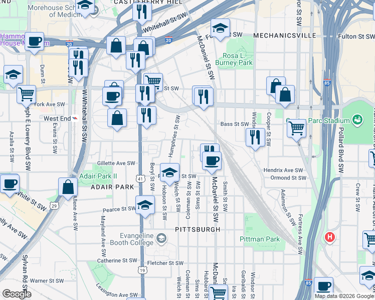 map of restaurants, bars, coffee shops, grocery stores, and more near 771 Coleman Street Southwest in Atlanta