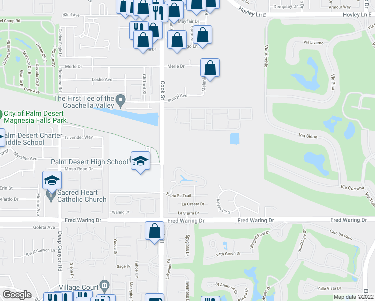 map of restaurants, bars, coffee shops, grocery stores, and more near Vía Palma in Palm Desert