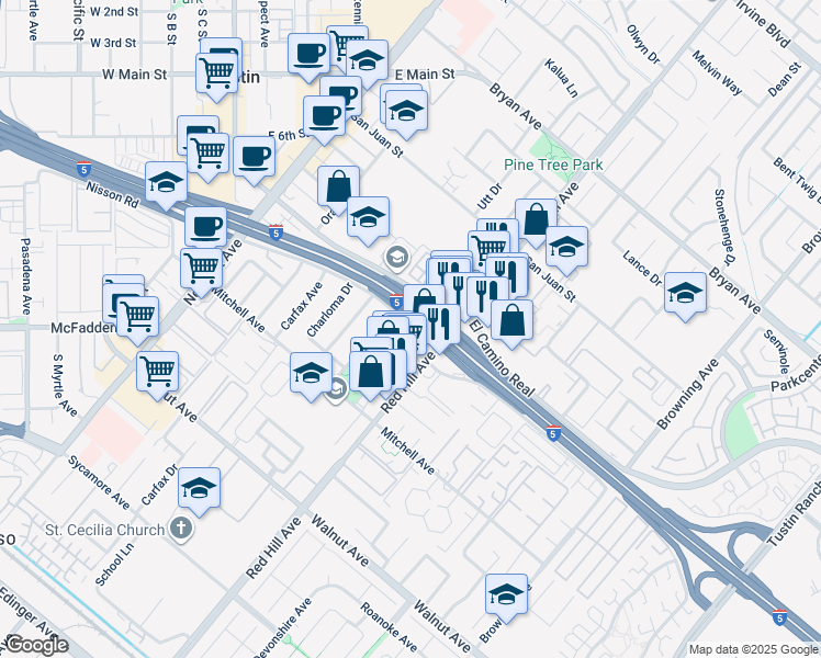 map of restaurants, bars, coffee shops, grocery stores, and more near 1412 Nisson Road in Tustin