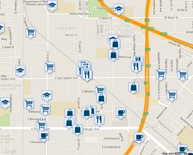 map of restaurants, bars, coffee shops, grocery stores, and more near in Tustin